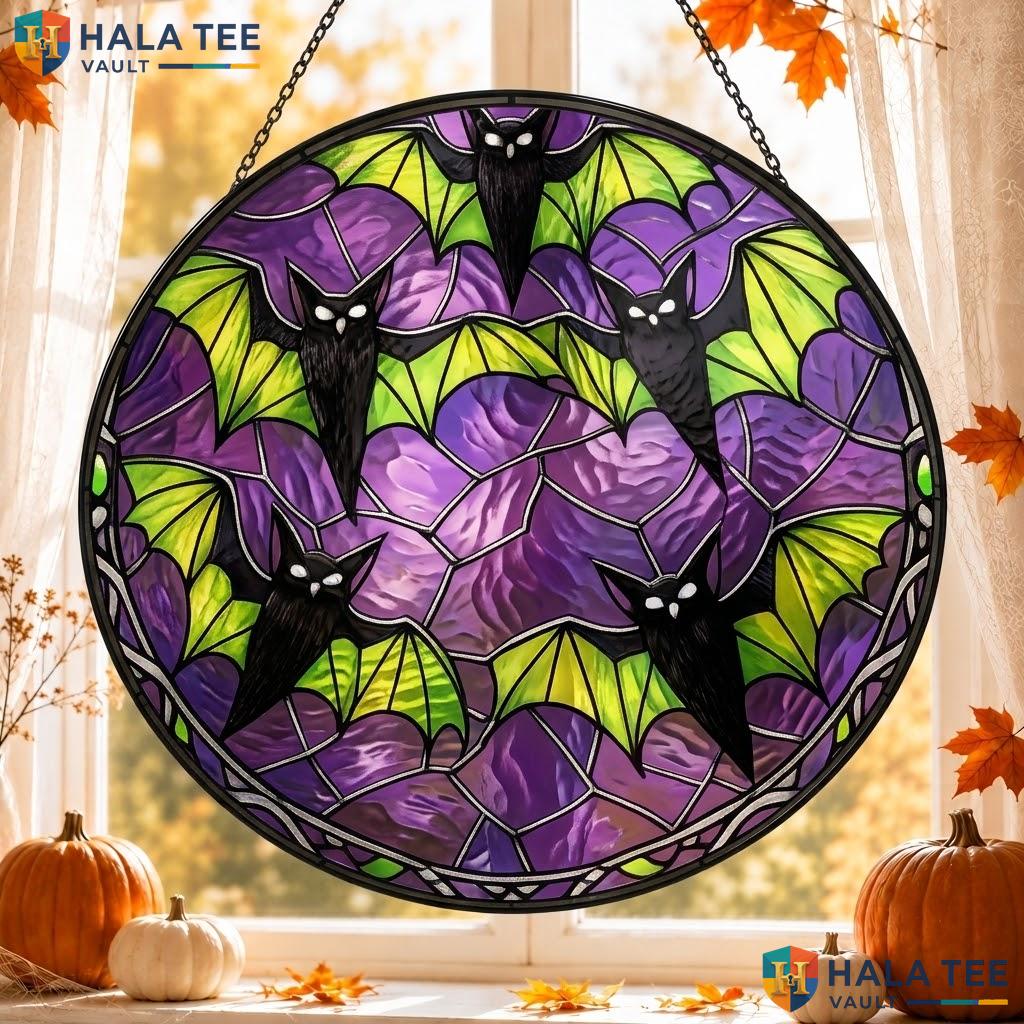 Gothic Bat Stained Glass Suncatcher, Purple Green Window Decoration For Home Decor