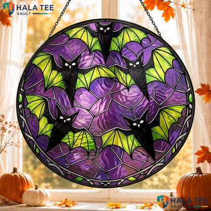 Gothic Bat Stained Glass Suncatcher, Purple Green Window Decoration For Home Decor