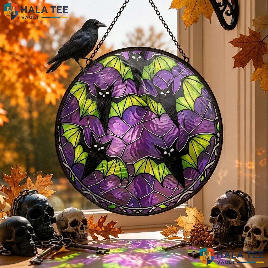 Gothic Bat Stained Glass Suncatcher, Purple Green Window Decoration For Home Decor Adult