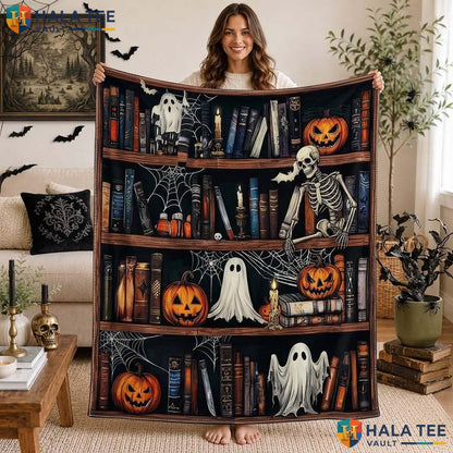 Gothic Bookshelf Halloween Blanket Classic Spooky Skeleton Ghost Throw