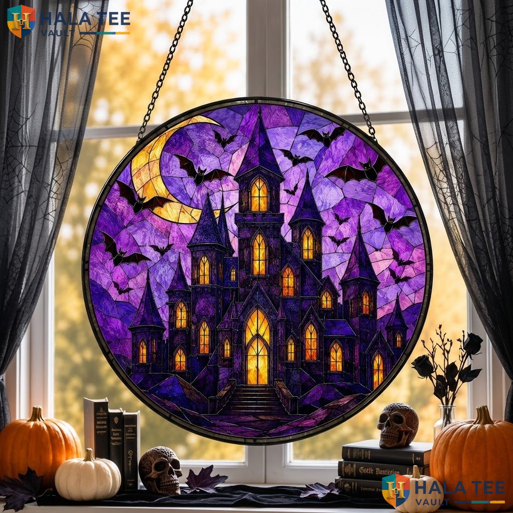 Gothic Castle Moon Halloween Stained Glass Suncatcher Spooky Bat Wall Decor