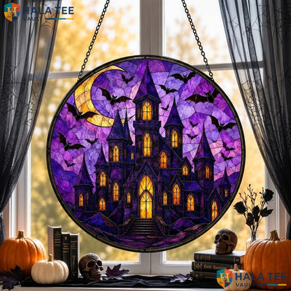 Gothic Castle Moon Halloween Stained Glass Suncatcher Spooky Bat Wall Decor