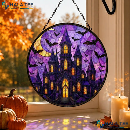 Gothic Castle Moon Halloween Stained Glass Suncatcher Spooky Bat Wall Decor Adult