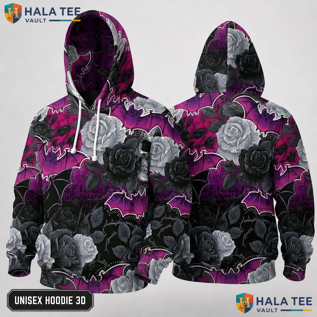 Gothic Floral Bat 3D Hoodie Unisex Pullover Rose Halloween Sweatshirt