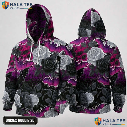 Gothic Floral Bat 3D Hoodie Unisex Pullover Rose Halloween Sweatshirt