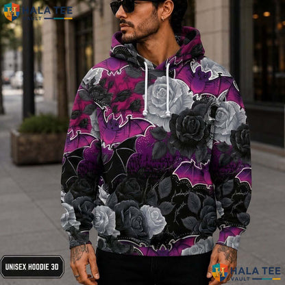 Gothic Floral Bat 3D Printed Hoodie Unisex Pullover Rose Halloween Sweatshirt