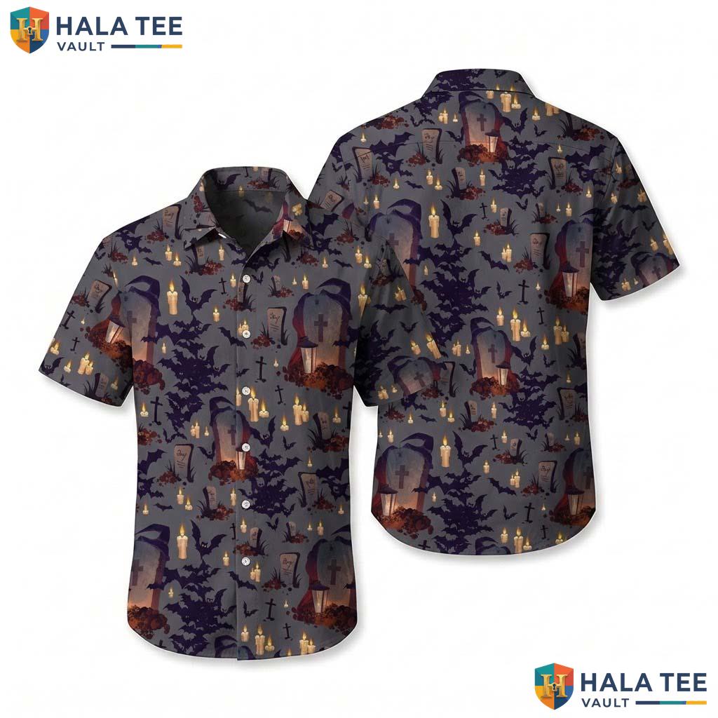 Gothic Graveyard Halloween Hawaiian Shirt Spooky Bat Candle Aloha