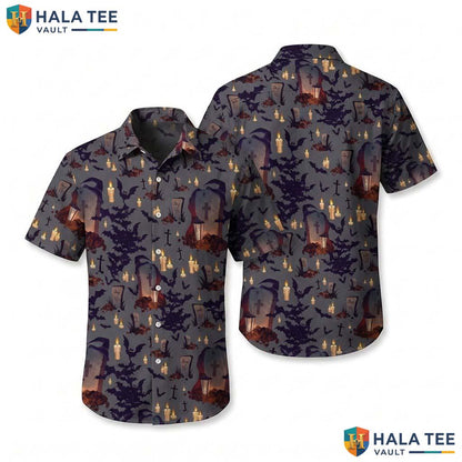 Gothic Graveyard Halloween Hawaiian Shirt Spooky Bat Candle Aloha