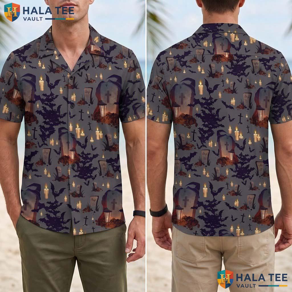 Gothic Graveyard Halloween Hawaiian Shirt Spooky Bat Candle Aloha Adult