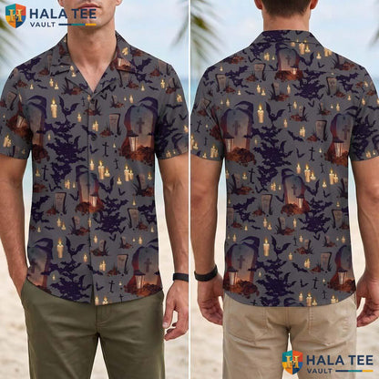 Gothic Graveyard Halloween Hawaiian Shirt Spooky Bat Candle Aloha Adult