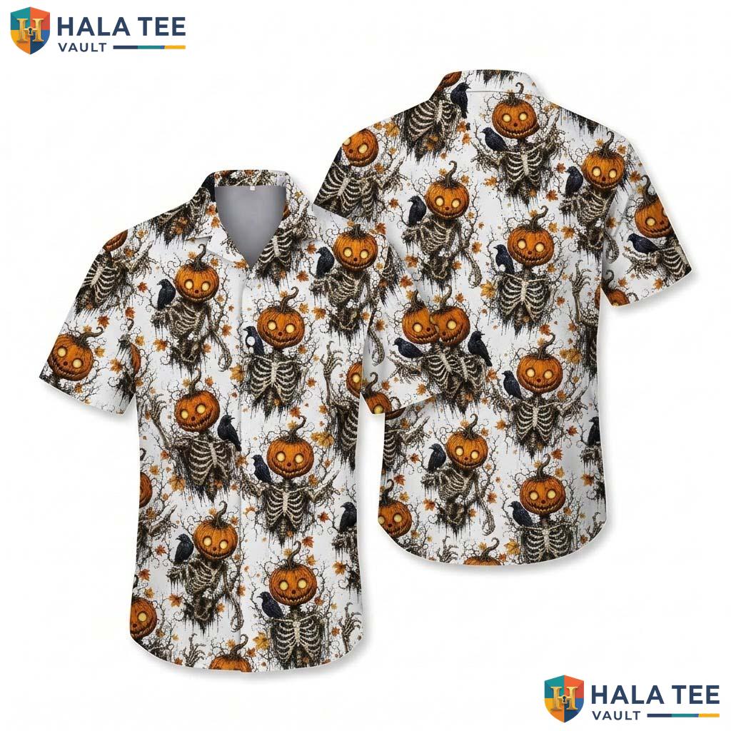 Gothic Pumpkin Halloween Hawaiian Shirt Orange White Horror Aloha Top