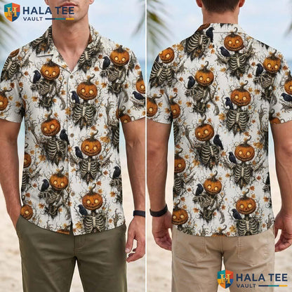 Gothic Pumpkin Halloween Hawaiian Shirt Orange White Horror Aloha Top Adult