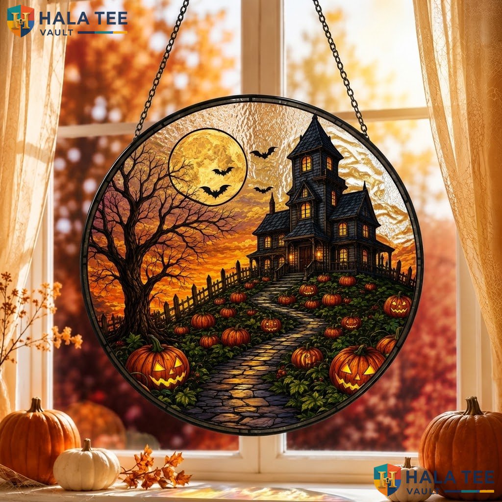 Gothic Pumpkin Patch Halloween Stained Glass Suncatcher Vintage Haunted Accent