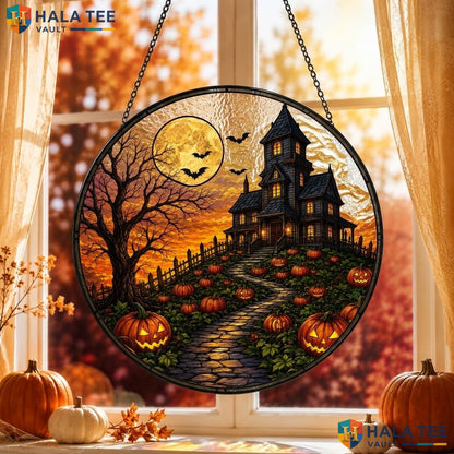 Gothic Pumpkin Patch Halloween Stained Glass Suncatcher Vintage Haunted Accent