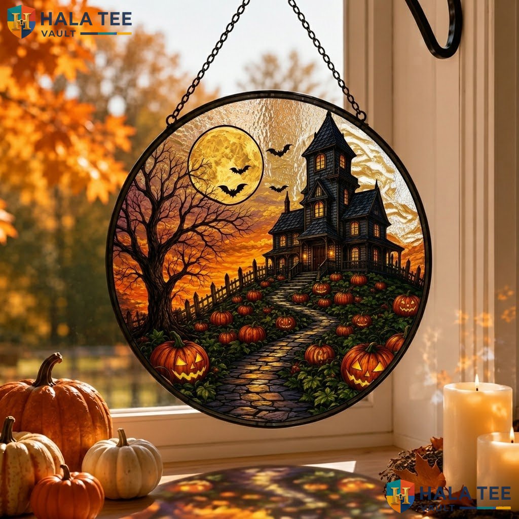 Gothic Pumpkin Patch Halloween Stained Glass Suncatcher Vintage Haunted Accent Adult