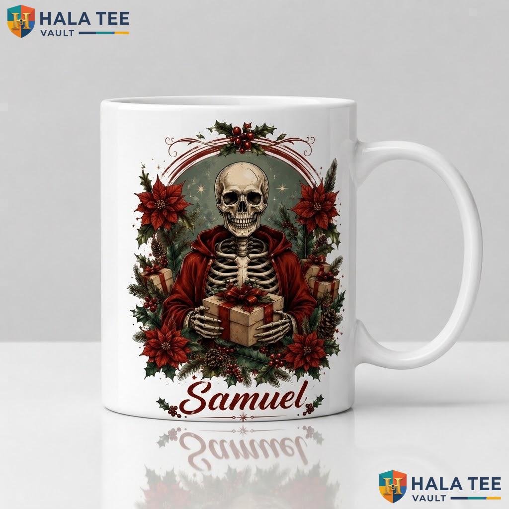 Gothic Skeleton Christmas Mug Personalized Holiday Custom Ceramic Coffee Cup
