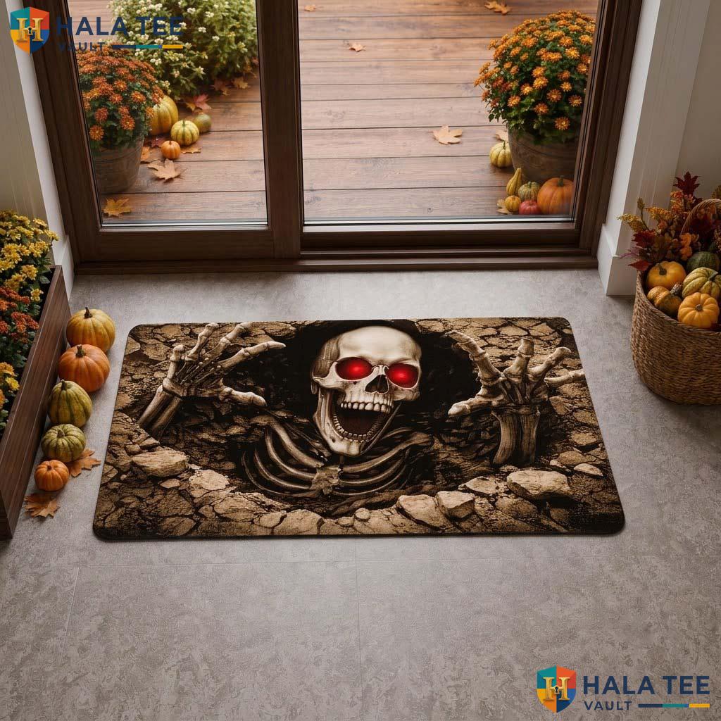 Gothic Skull Halloween Doormat Red Eye Cracked Surface Spooky Entry Rug