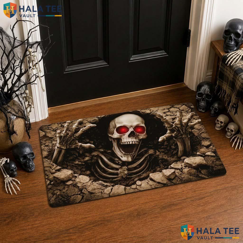 Gothic Skull Halloween Front door mat Red Eye Cracked Surface Spooky Entry Rug