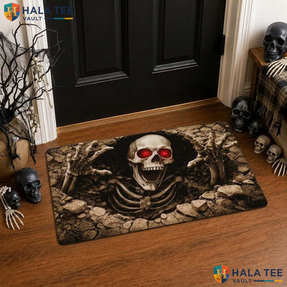Gothic Skull Halloween Front door mat Red Eye Cracked Surface Spooky Entry Rug