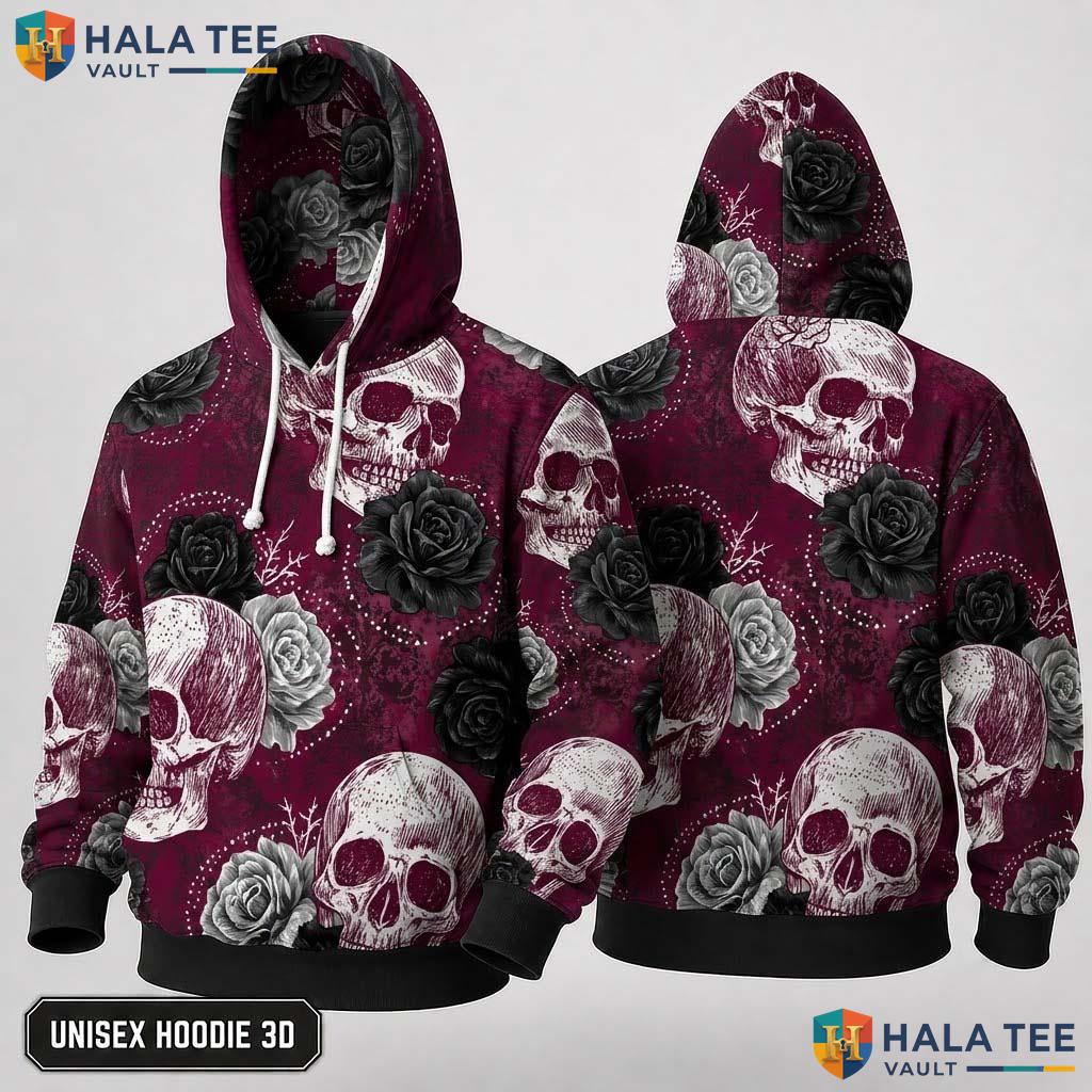 Gothic Skull Rose 3D Hoodie Unisex Intricate Floral Graphic Pullover
