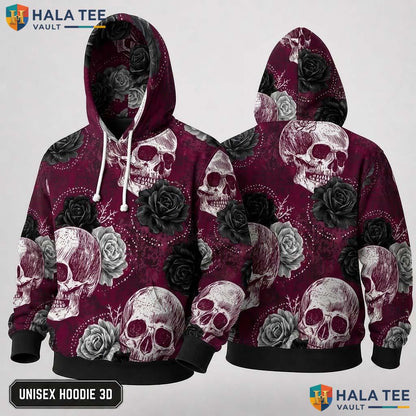 Gothic Skull Rose 3D Hoodie Unisex Intricate Floral Graphic Pullover