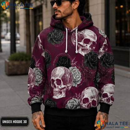 Gothic Skull Rose 3D Printed Hoodie Unisex Intricate Floral Graphic Pullover