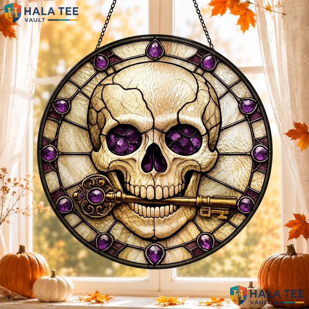 Gothic Skull Stained Glass Suncatcher, Purple And Black Dark Aesthetic Wall Art
