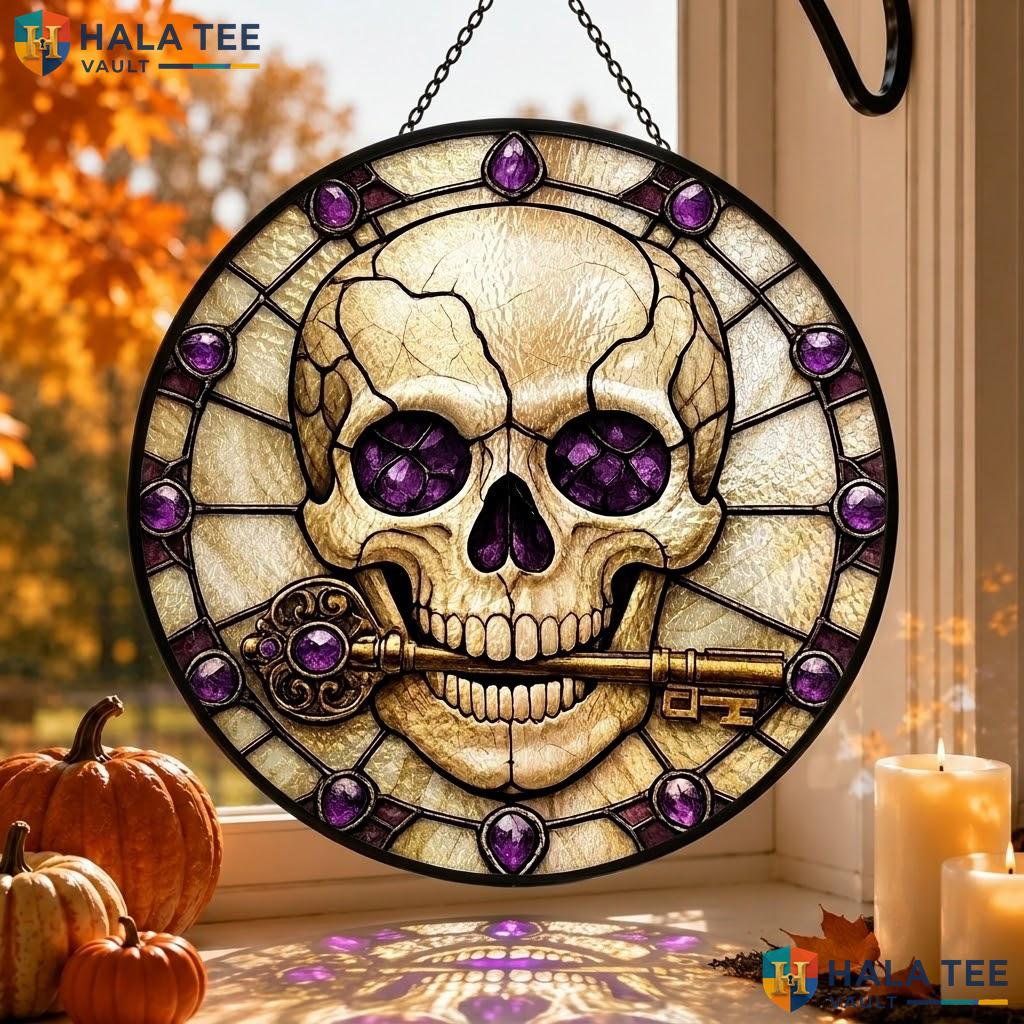Gothic Skull Stained Glass Suncatcher, Purple And Black Dark Aesthetic Wall Art Adult