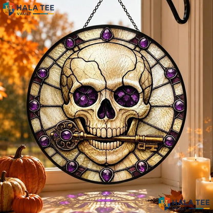 Gothic Skull Stained Glass Suncatcher, Purple And Black Dark Aesthetic Wall Art Adult