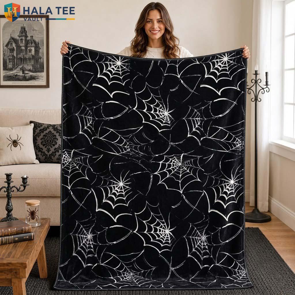 Gothic Spider Web Halloween Fleece Blanket Black Flannel Spooky Throw