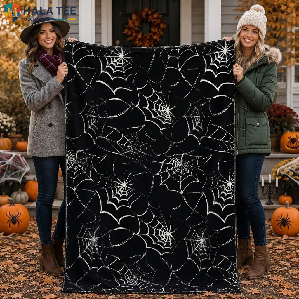 Gothic Spider Web Halloween Fleece Blanket Black Flannel Spooky Throw