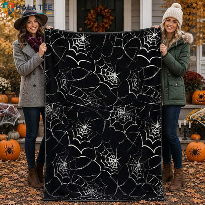 Gothic Spider Web Halloween Fleece Blanket Black Flannel Spooky Throw