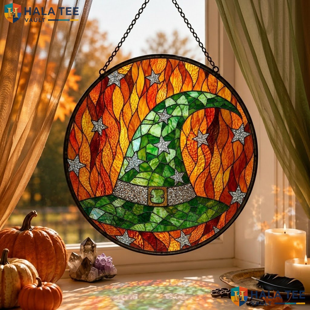 Gothic Witch Hat Halloween Stained Glass Suncatcher Colorful Garden Window Art