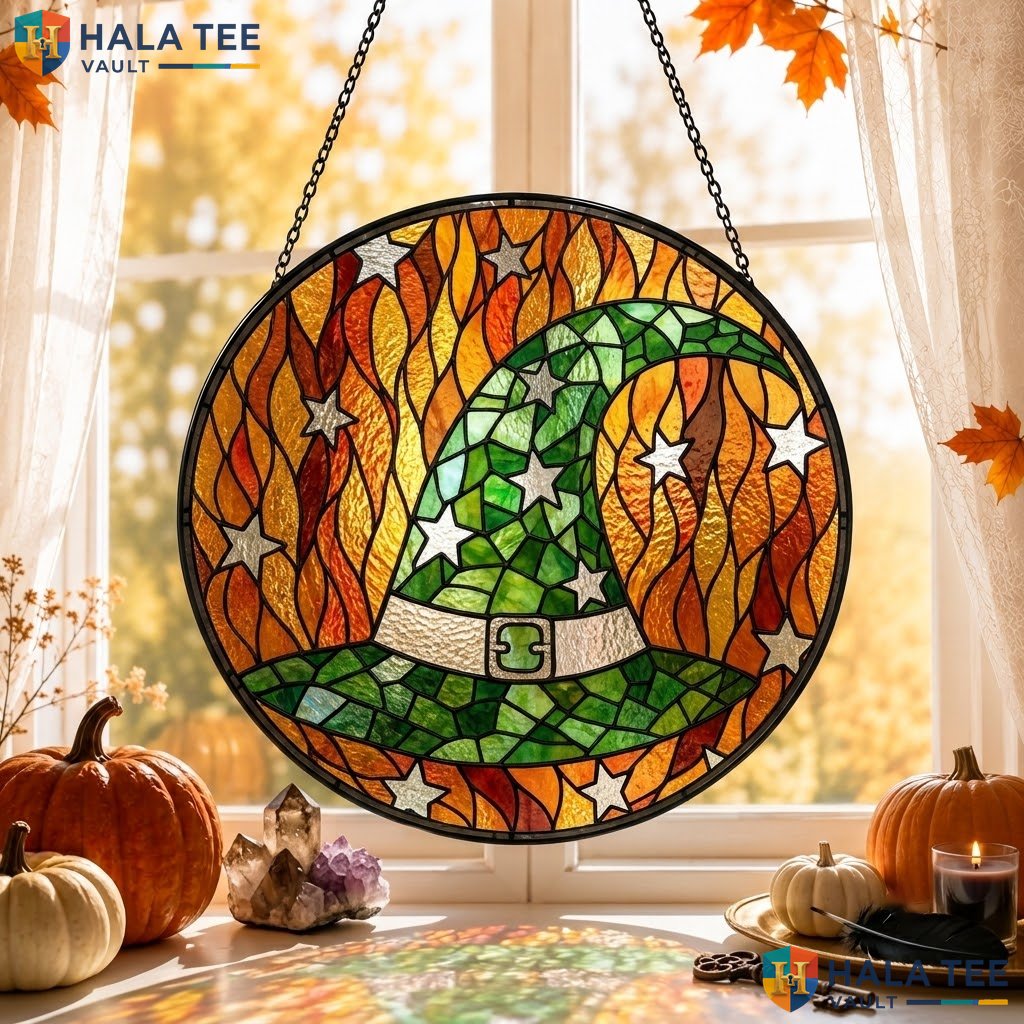 Gothic Witch Hat Halloween Stained Glass Suncatcher Colorful Garden Window Art Adult