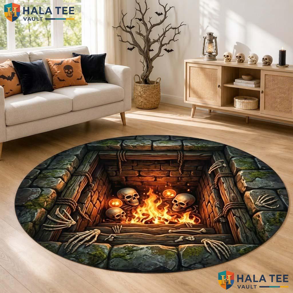 Grave Skeleton Halloween Round Area Rug 3D Creepy Skull Illusion Mat