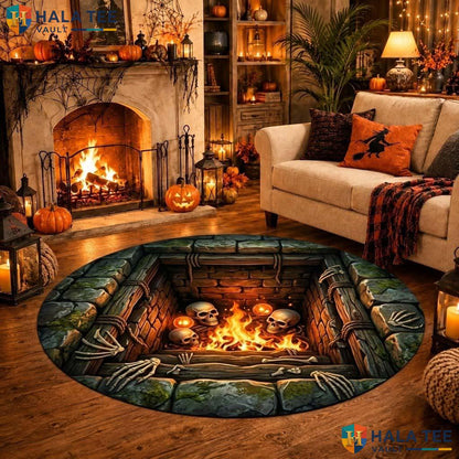 Grave Skeleton Halloween Round Area Rug 3D Creepy Skull Illusion Mat Adult