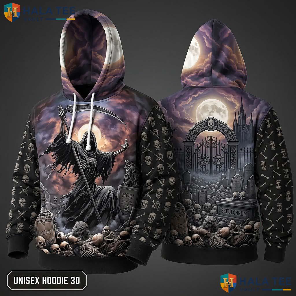 Graveyard Grim Reaper 3D Hoodie Gothic Skull Scythe Graphic Apparel