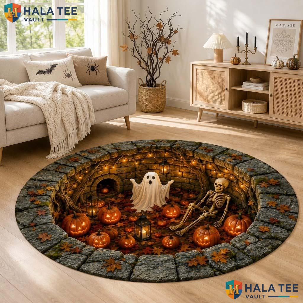 Graveyard Skeleton Halloween Round Area Rug 3D Haunted Pit Floor Mat