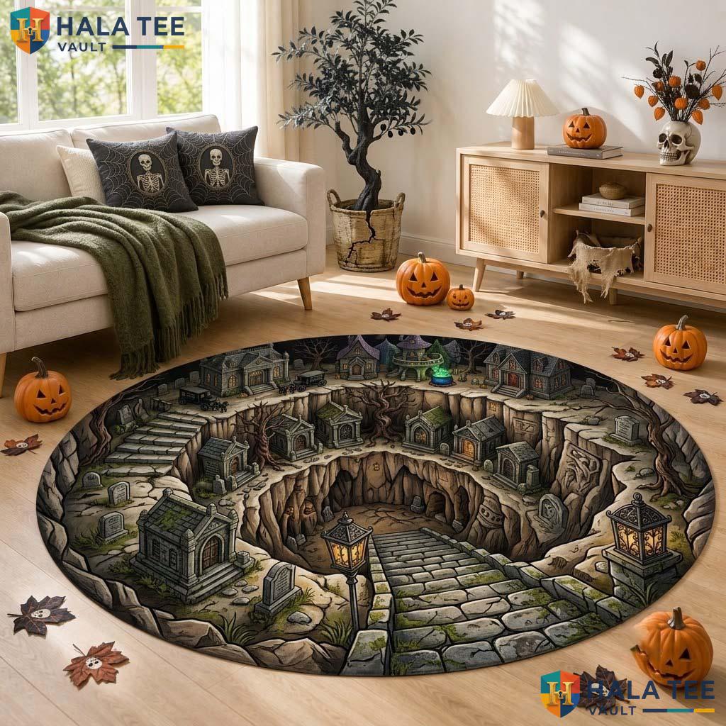 Graveyard Vortex Halloween Round Area Rug 3D Haunted Village Illusion
