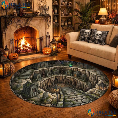 Graveyard Vortex Halloween Round Area Rug 3D Haunted Village Illusion Adult