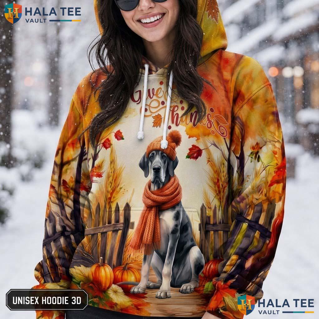 Great Dane Scarf Thanksgiving 3D Printed Hoodie Artistic Autumn Dog Sweatshirt