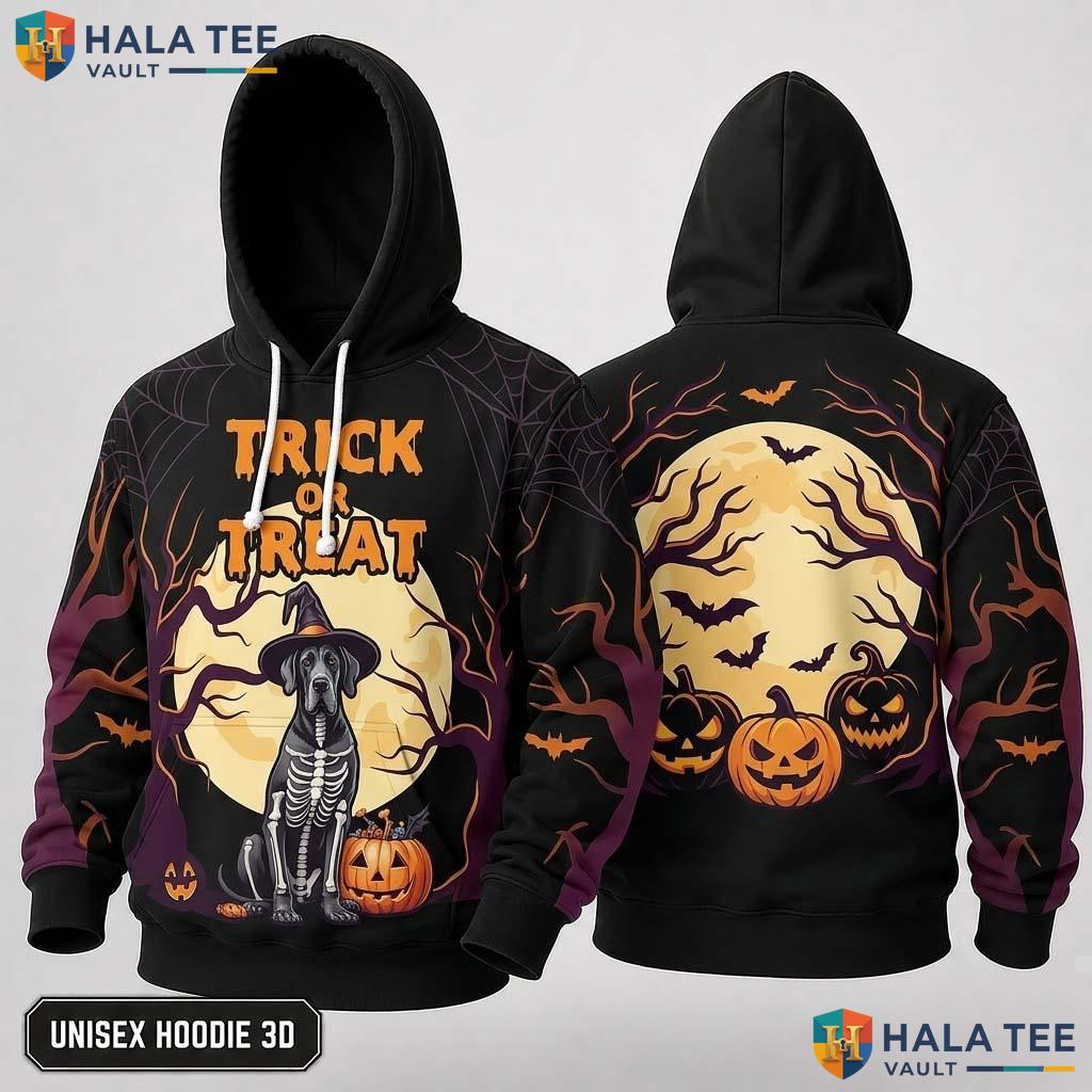 Great Dane Trick Or Treat 3D Hoodie Cute Spooky Moon Pumpkin Apparel