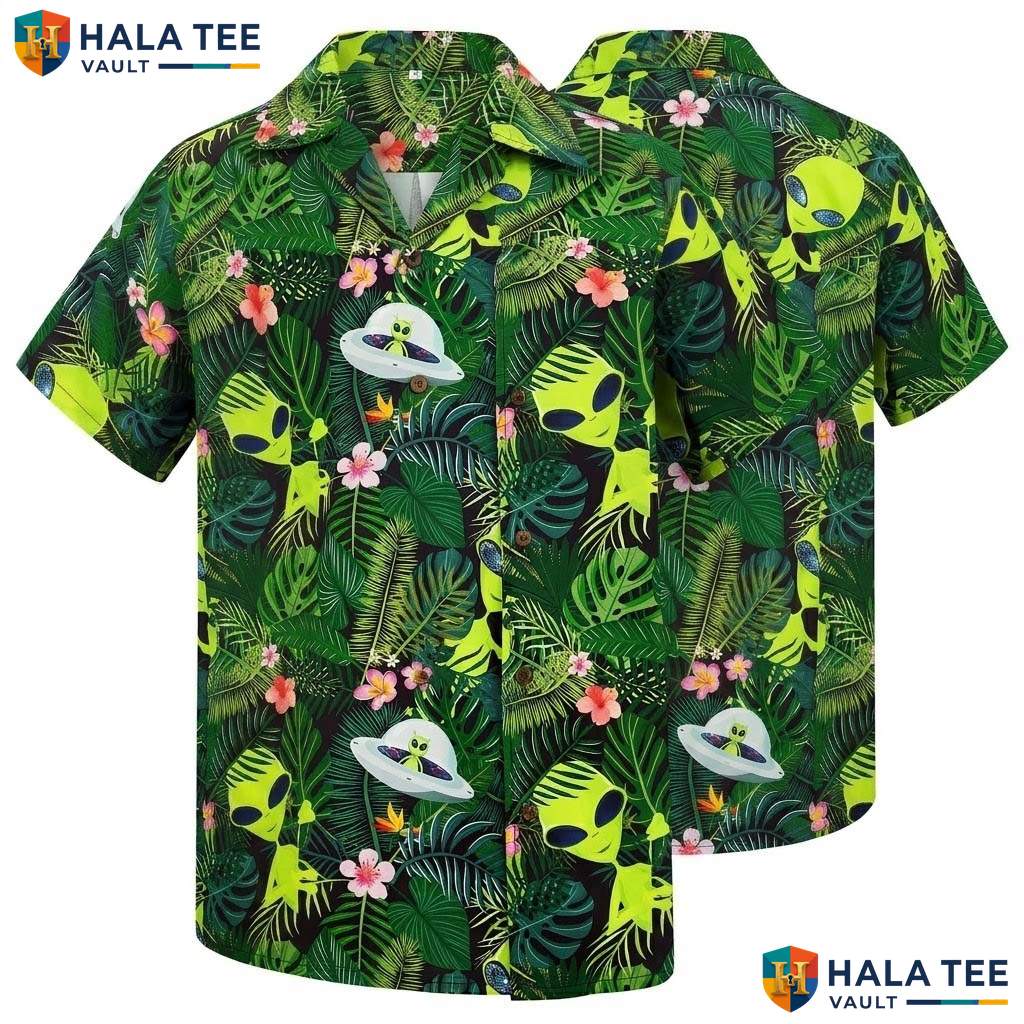 Green Alien Hawaiian Shirt Mens Funny Novelty Summer Beach Party Apparel