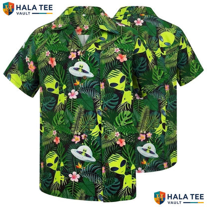 Green Alien Hawaiian Shirt Mens Funny Novelty Summer Beach Party Apparel