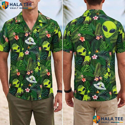 Green Alien Tropical Shirt Mens Funny Novelty Summer Beach Party Apparel
