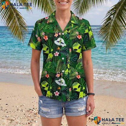 Green Alien Aloha Shirt Mens Funny Novelty Summer Beach Party Apparel