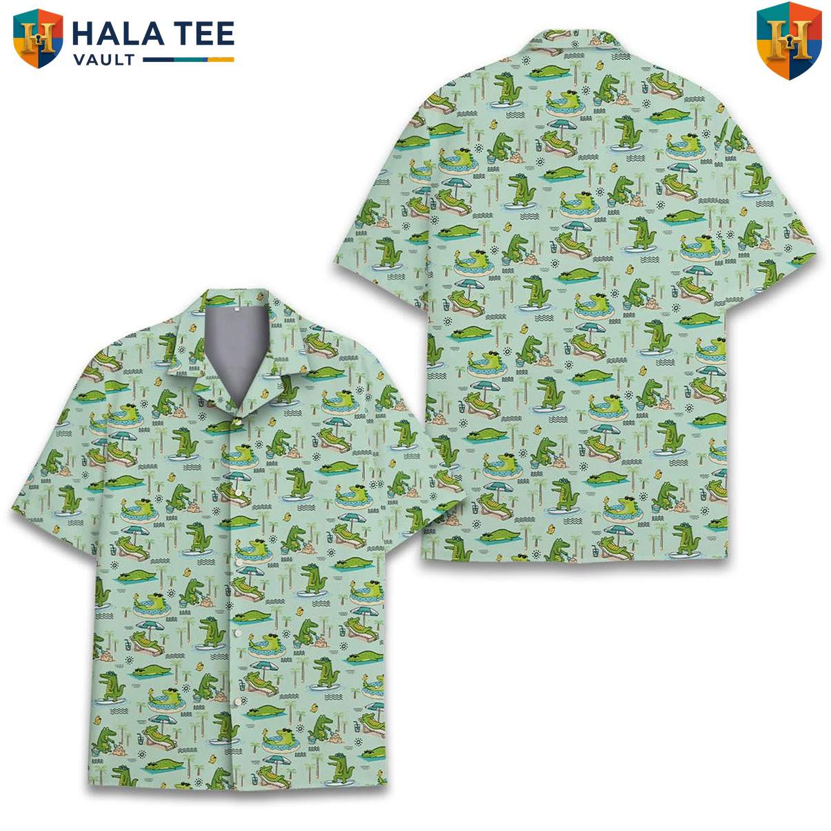 Green Alligator Hawaiian Shirt Mens Short Sleeve Button Down Beach Outfit