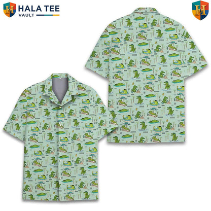 Green Alligator Hawaiian Shirt Mens Short Sleeve Button Down Beach Outfit
