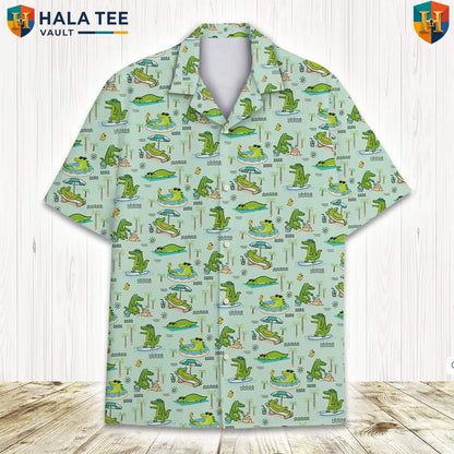 Green Alligator Tropical Shirt Mens Short Sleeve Button Down Beach Outfit
