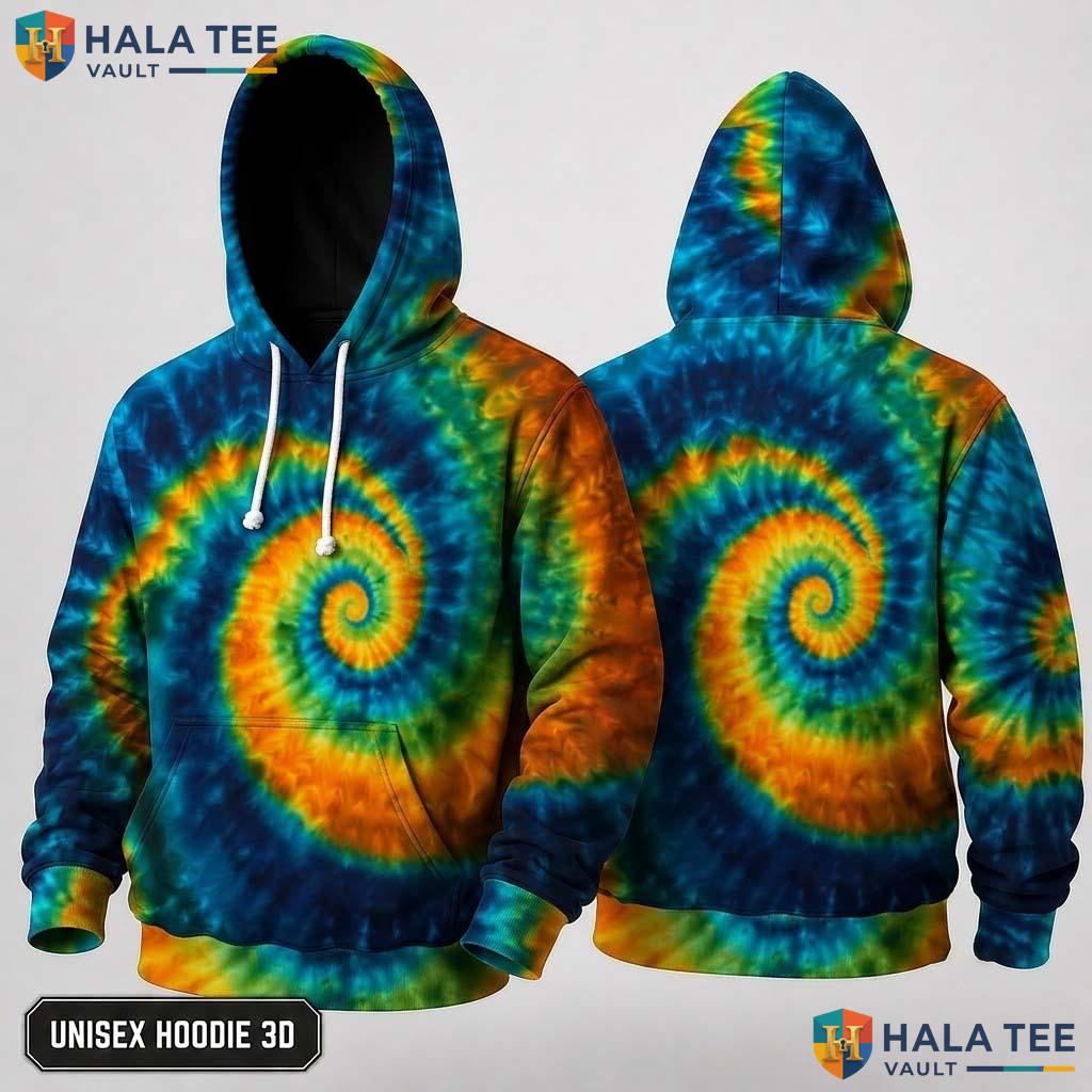 Green Blue Tie Dye Hoodie Mens Unisex Rainbow Graphic Art Pullover Top